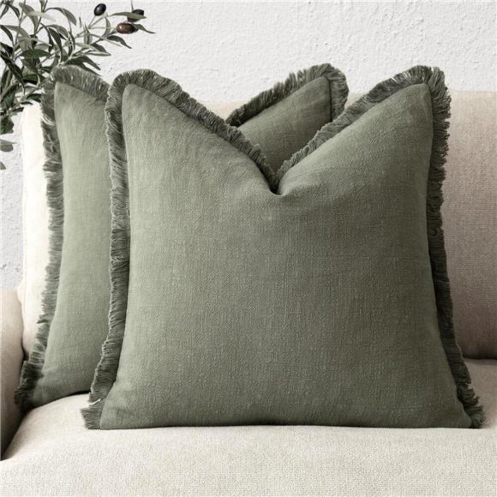 Set of 2 Decorative Linen Fringe Throw Pillow Covers Cozy Boho